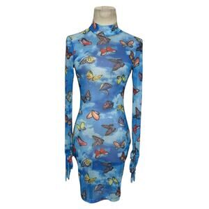 Fashion Nova blue Butterfly Sky print long sleeves sheer dress size Small